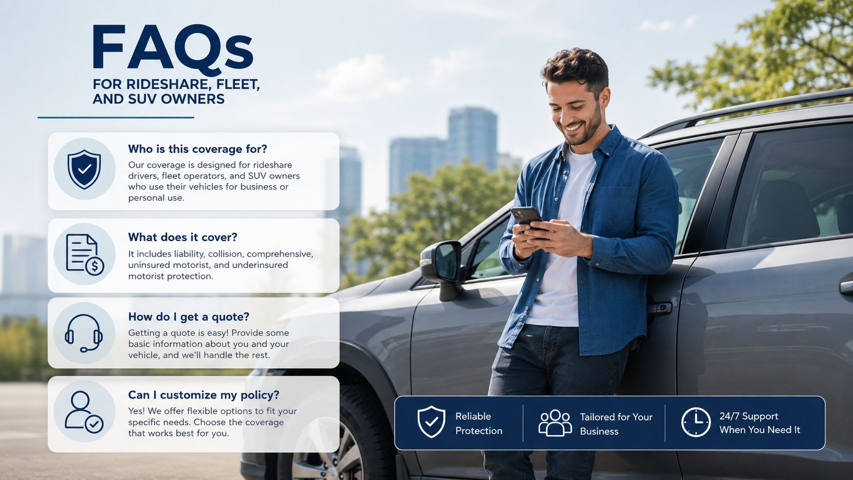 A man smiling while leaning against his car and checking his phone to compare insurance policy coverage.
