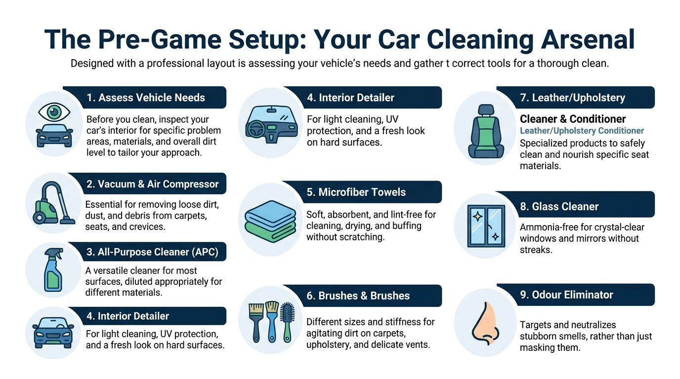 A professional infographic detailing essential tools and steps for a thorough car interior cleaning process.