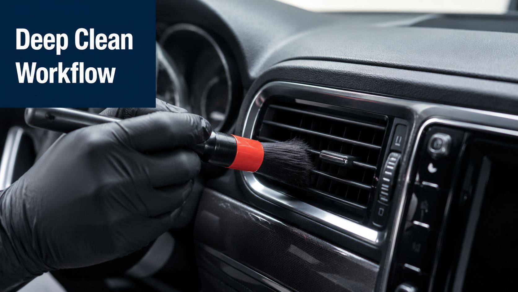 A professional detailer in black gloves uses a soft brush to clean car air conditioning vents.