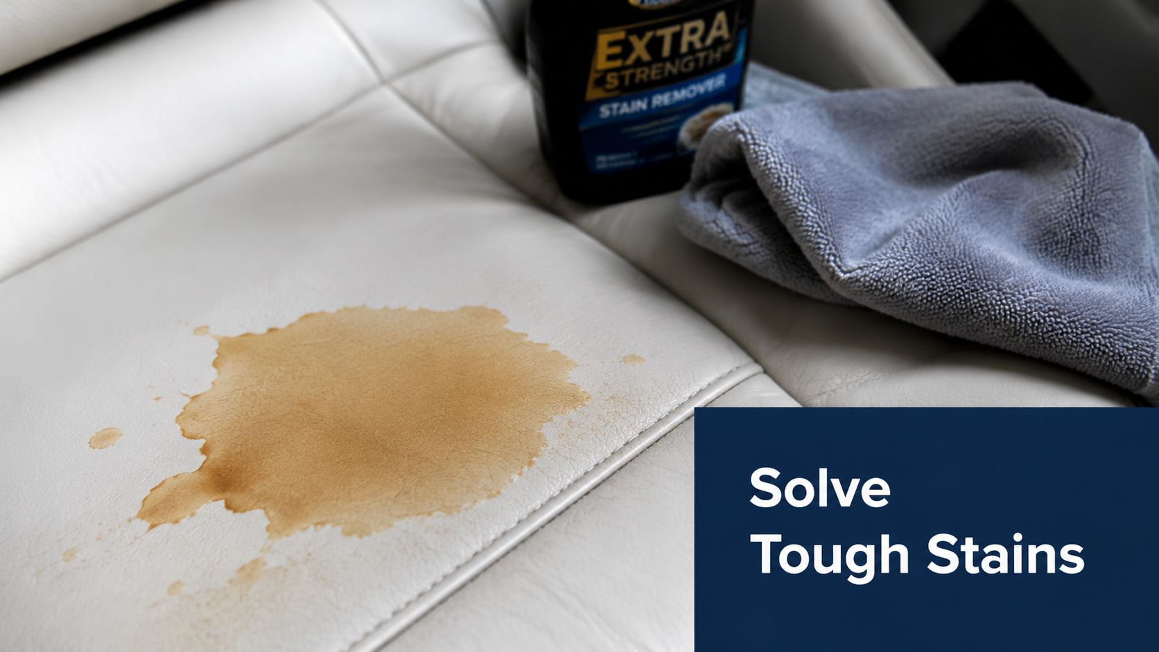 A brown coffee stain on a white car seat with a stain remover bottle and cleaning cloth.
