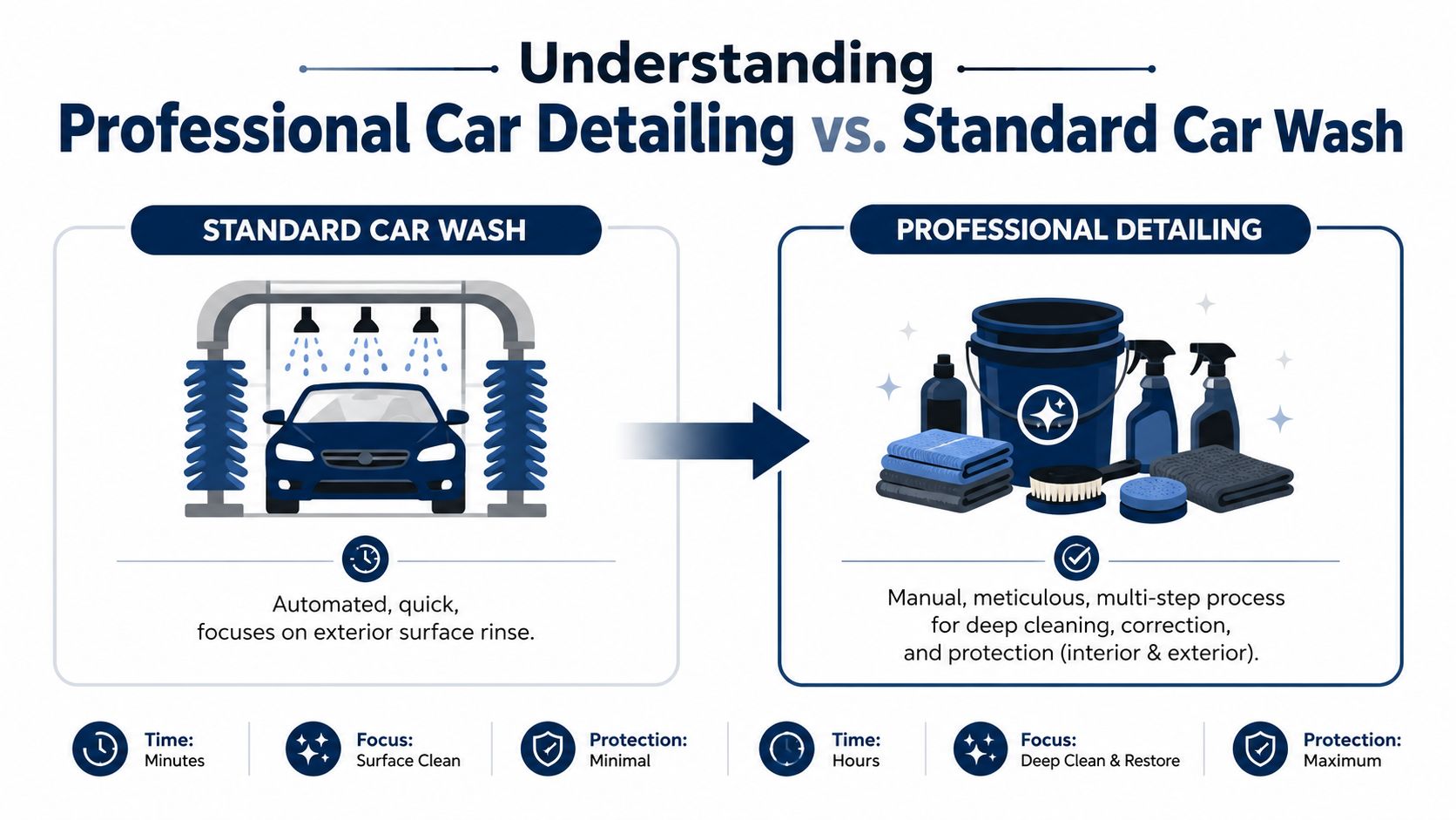 An infographic comparing a quick automated standard car wash to a meticulous, multi-step professional car detailing service.