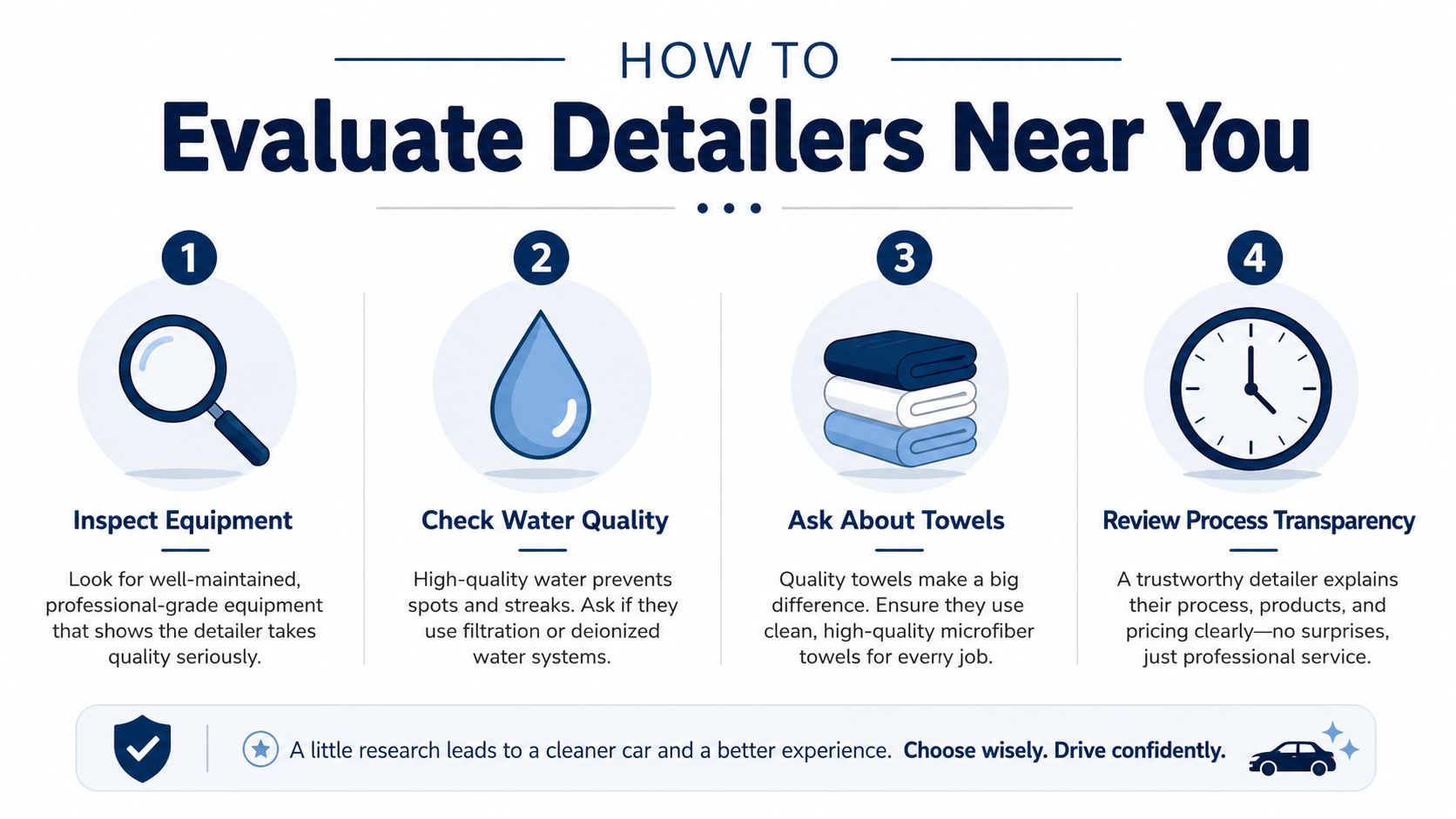 An infographic titled How to Evaluate Detailers Near You with four numbered steps and professional tips.