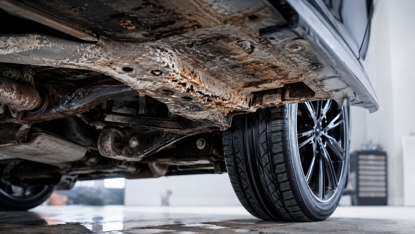Low angle view of a vehicle's undercarriage showing heavy rust damage on the chassis and body frame.