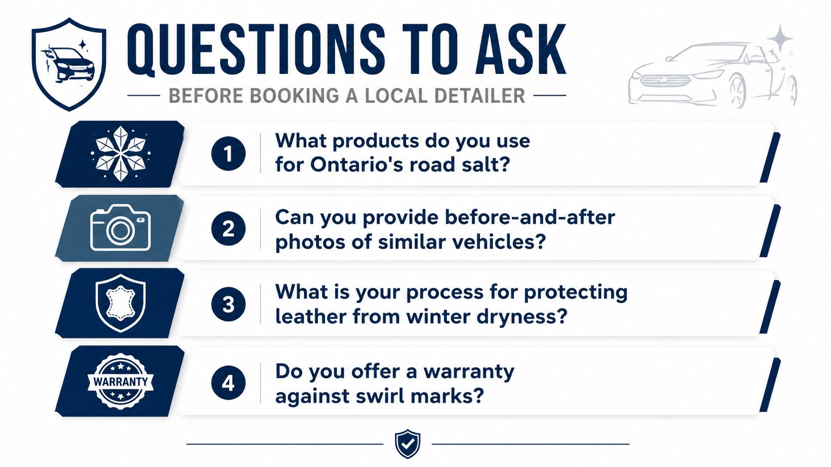 An infographic titled Questions to Ask Before Booking a Local Detailer, featuring four essential car care questions.
