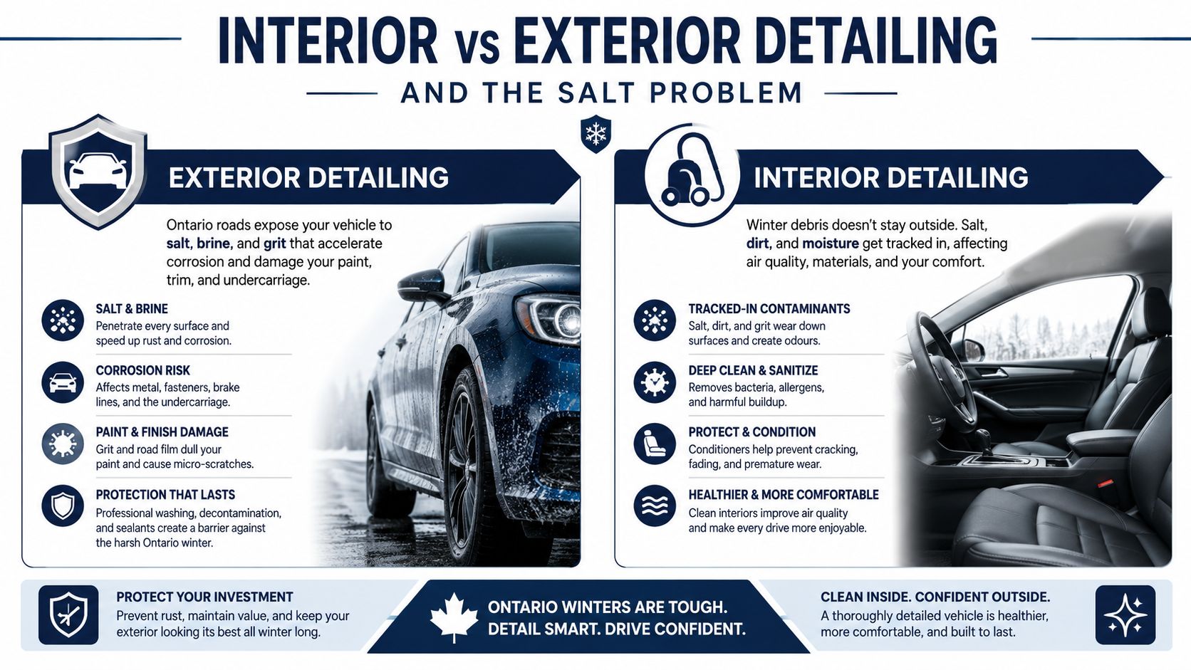 An infographic comparing interior and exterior car detailing services, specifically highlighting winter road salt damage prevention.