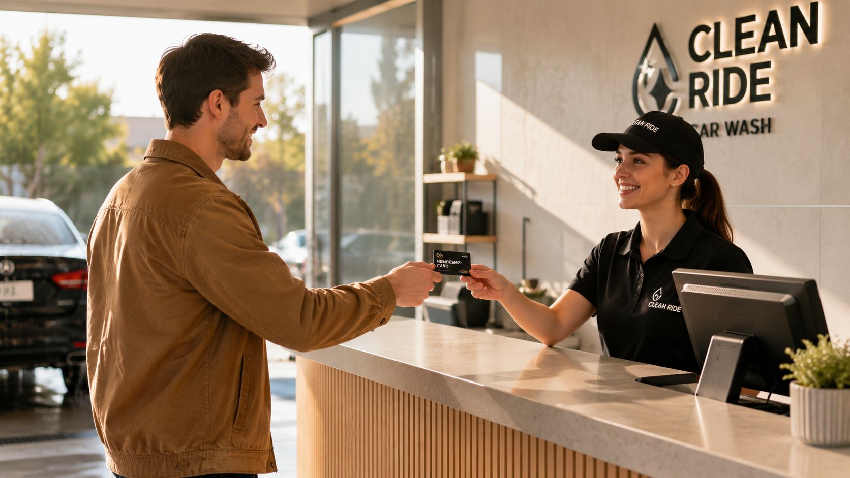 A friendly car wash employee hands a membership card to a smiling customer at a service desk.
