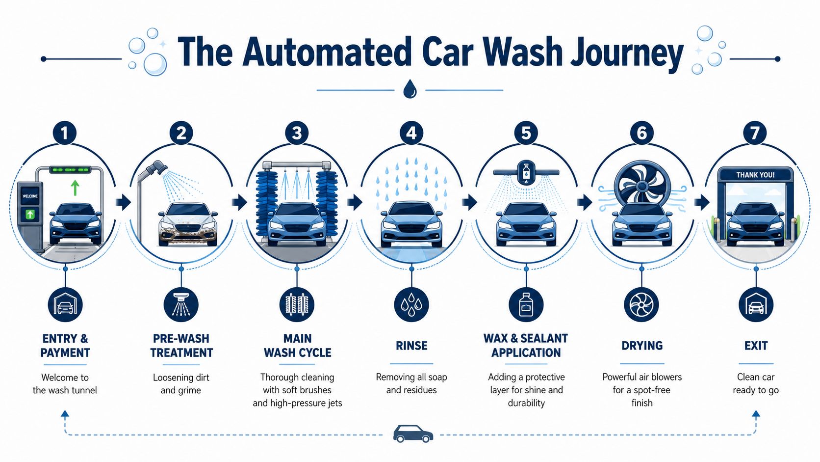 A step-by-step infographic illustrating the automated car wash journey, from initial entry to the final exit.
