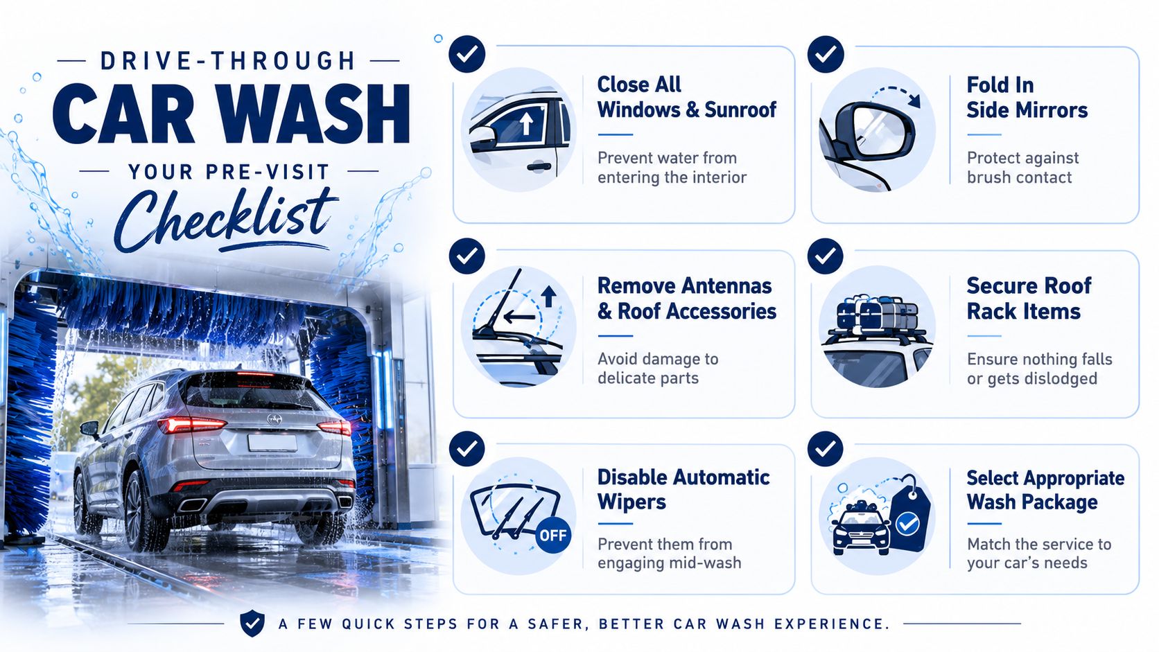 An infographic checklist showing six essential steps to prepare your vehicle for a drive-through car wash service.