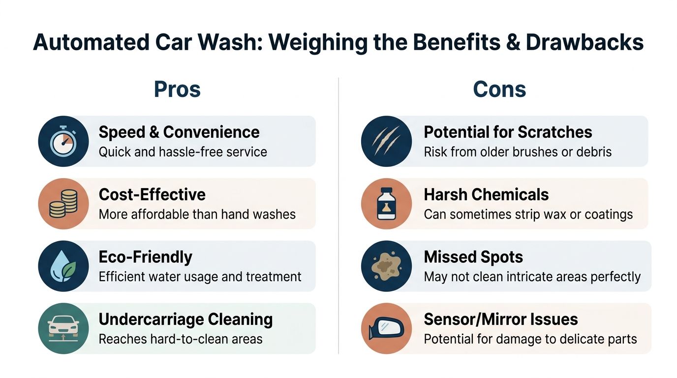 A comparison infographic listing the pros and cons of using an automated car wash service.