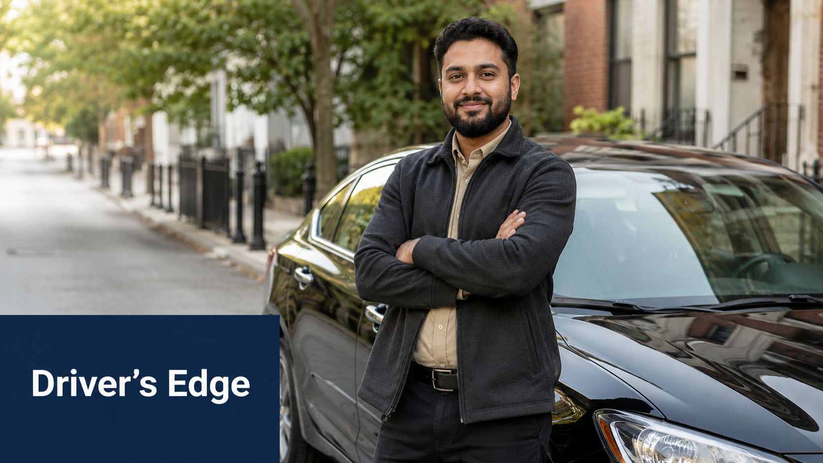 A smiling man with a beard standing in front of his black car on a city street.