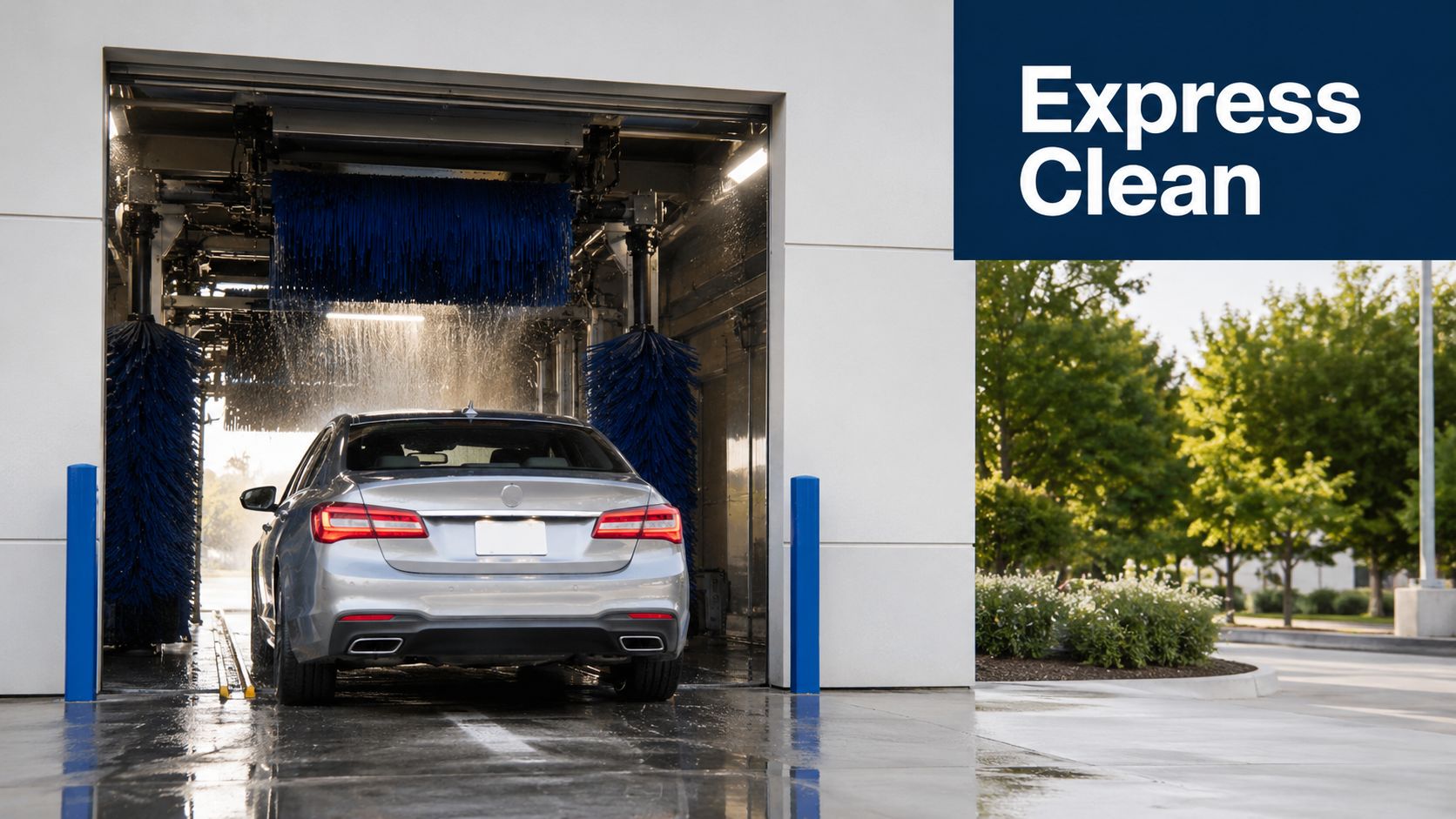 A silver car undergoing a professional wash inside an automated express auto wash tunnel facility.