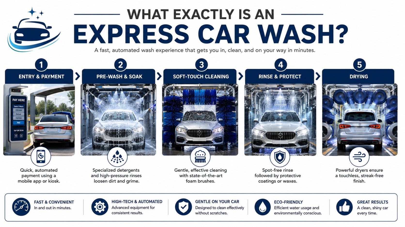 A step-by-step infographic explaining the five stages of an automated express car wash process.