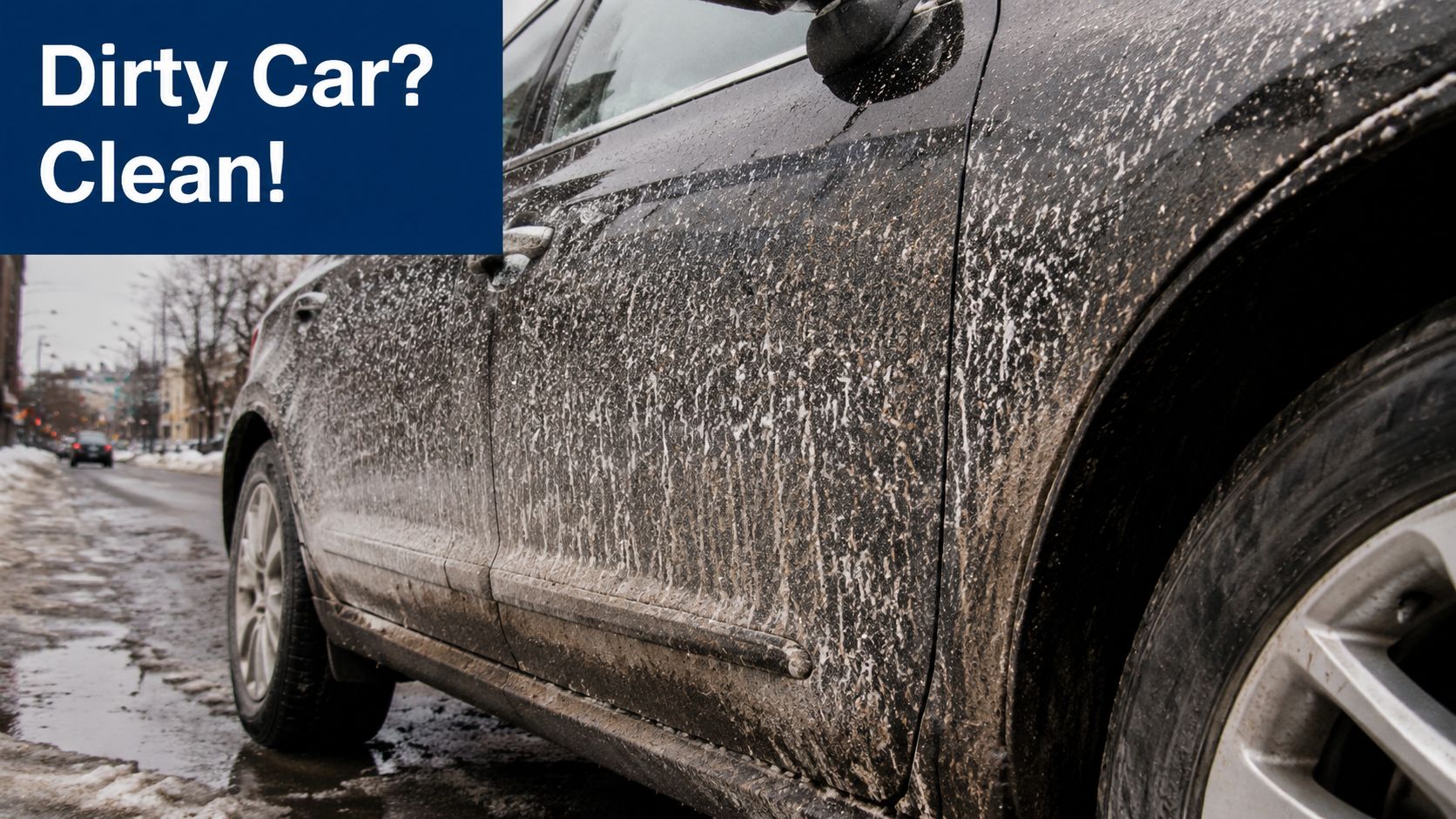 A dirty black car covered in mud and road grime parked on a wet winter street.