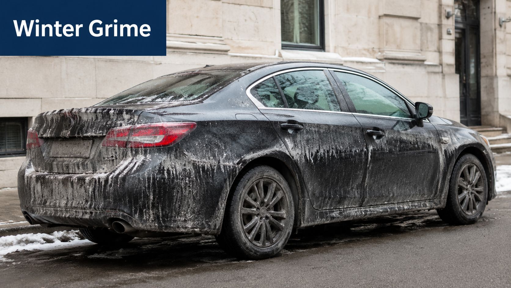 A black sedan parked on a city street covered in significant winter road salt and dirt grime.