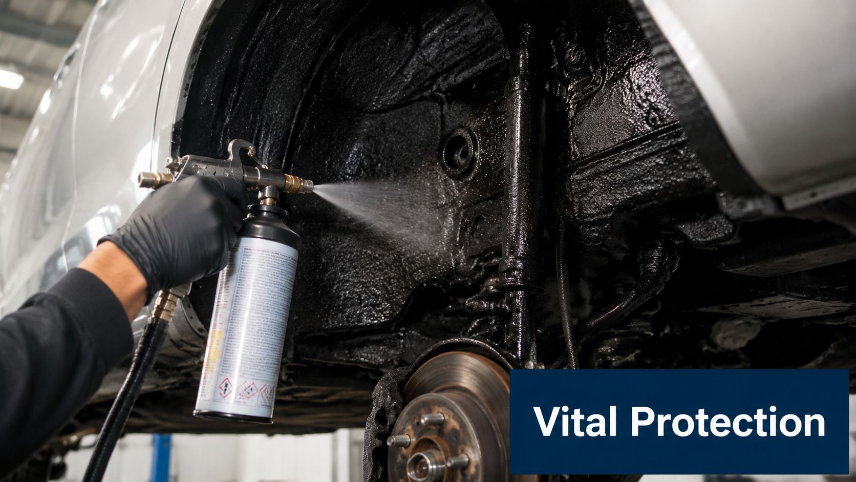 A mechanic in black gloves applies protective undercoating spray to a car chassis for rust prevention.