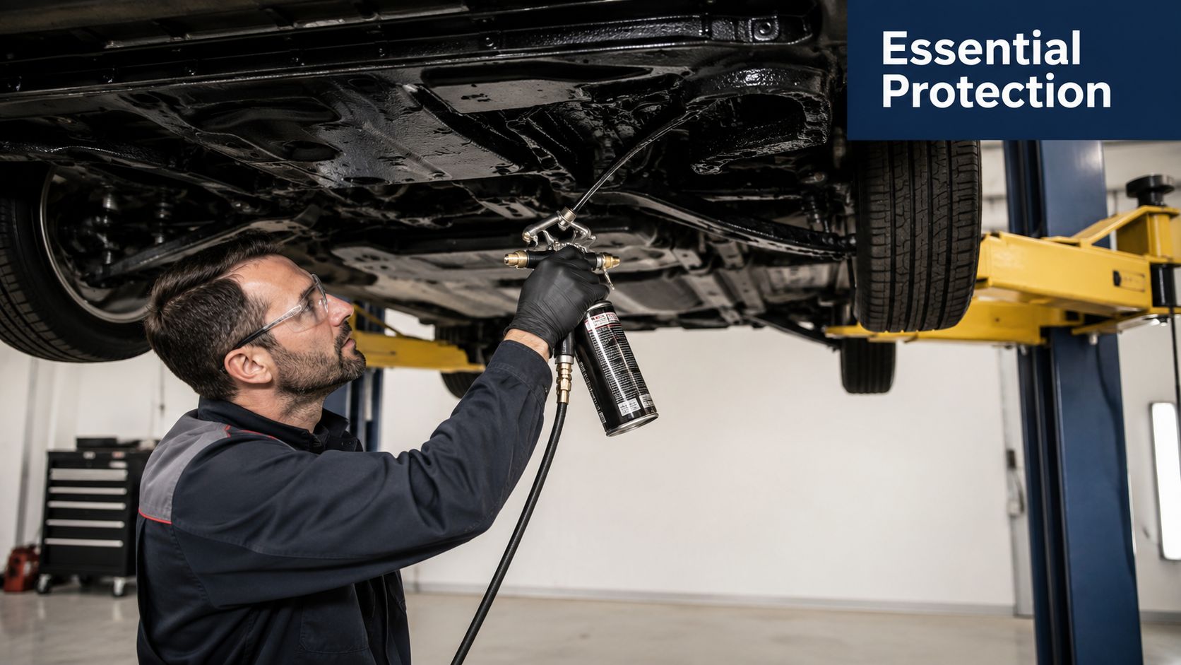 A professional mechanic performing an undercarriage rust protection coating service on a lifted vehicle in a shop.