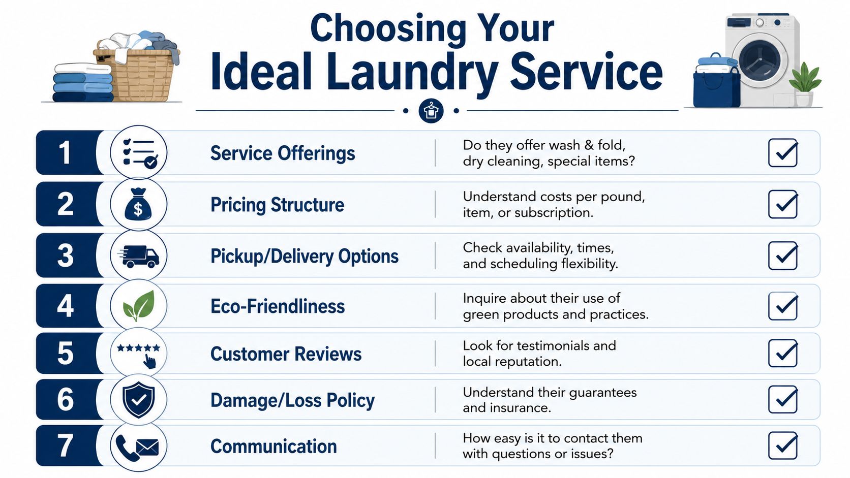 A checklist guide infographic for choosing an ideal professional laundry service, featuring seven key evaluation factors.