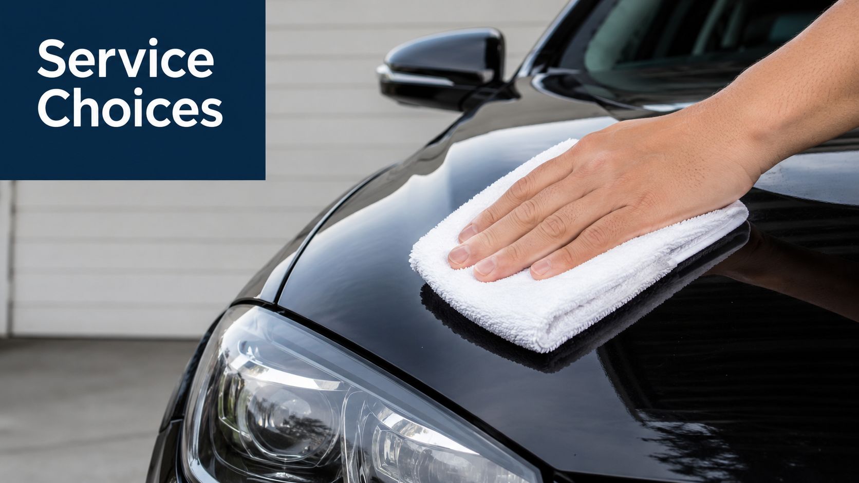 A close-up view of a person hand-polishing the hood of a shiny black car with a white cloth.
