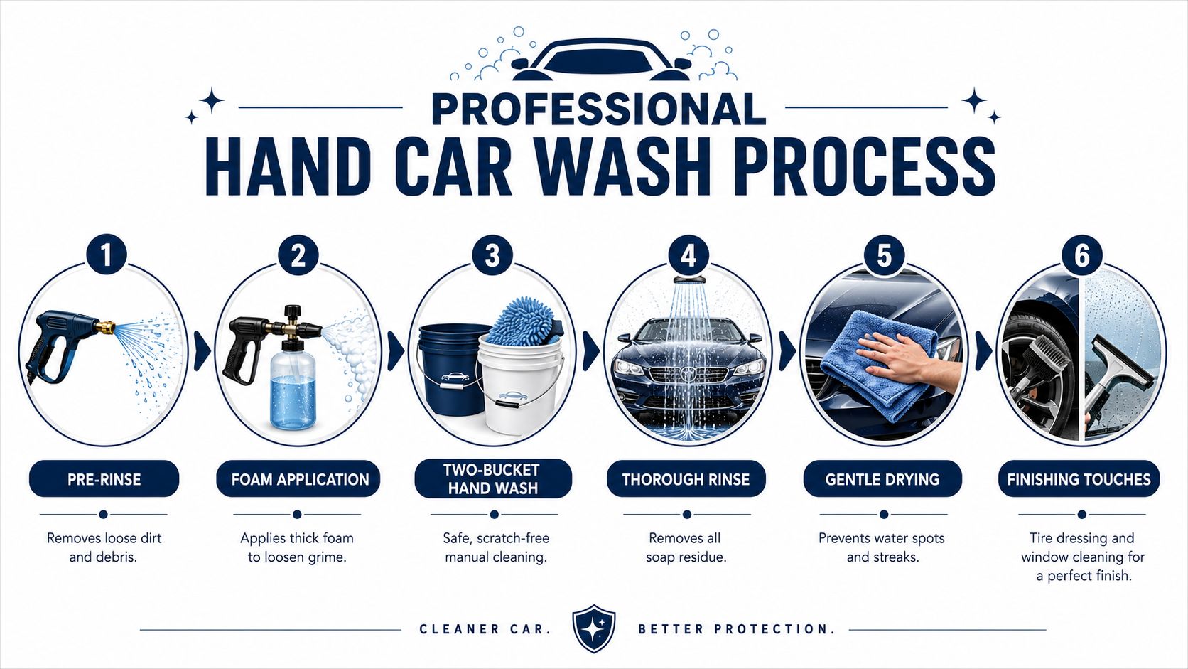 An infographic showing the professional six-step hand car wash process for cleaning and protecting vehicles.