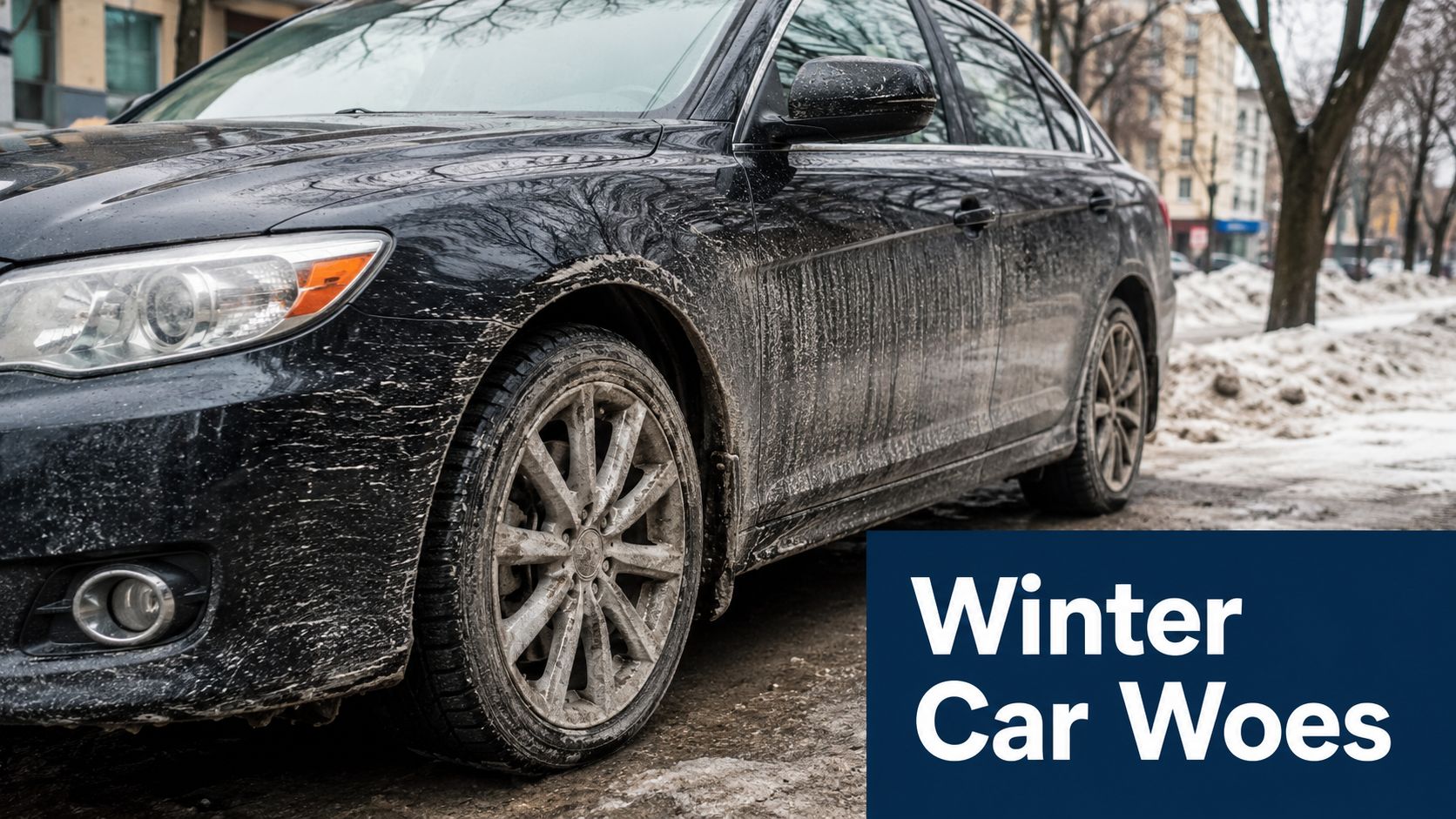 A dirty black sedan parked on a street with snow during the winter season in a city.