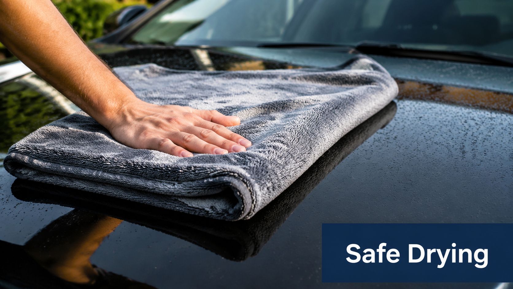 A close-up of a person's hand using a soft gray microfiber towel to dry a car hood.