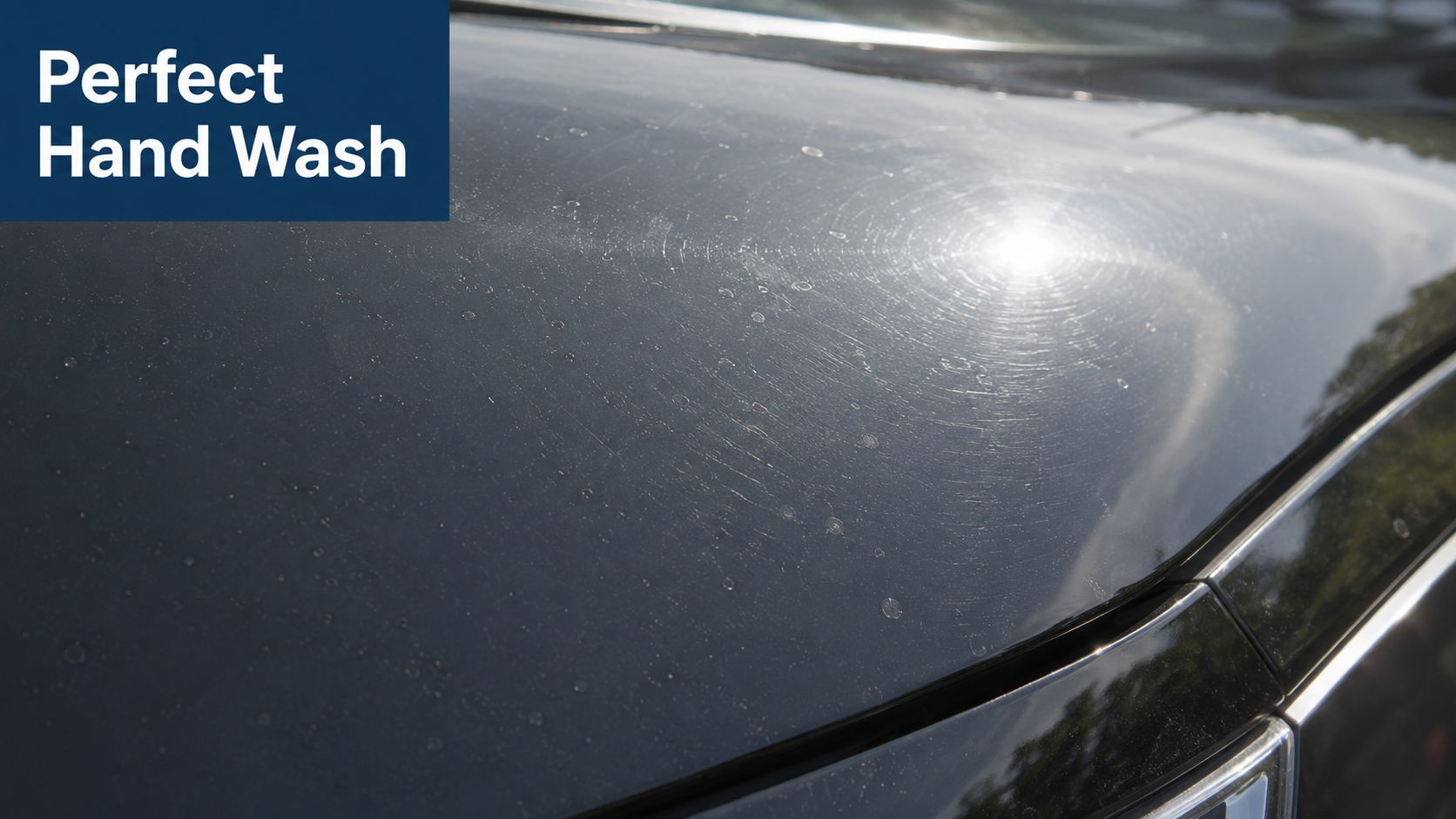 Close up of a black car hood showing circular swirl marks and water spots under sunlight.