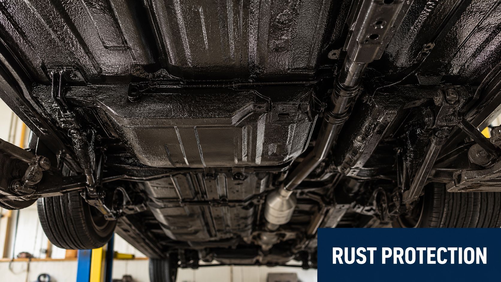 Low angle view of a car undercarriage coated with black rust protection in an auto repair shop.