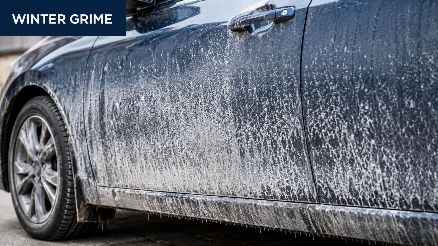 A close-up view of a dark car covered in dried white winter road grime and salt residue.