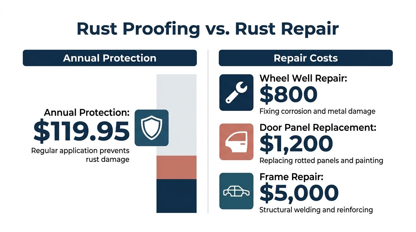 An infographic comparing annual car rust proofing costs to expensive vehicle repairs for rust damage.