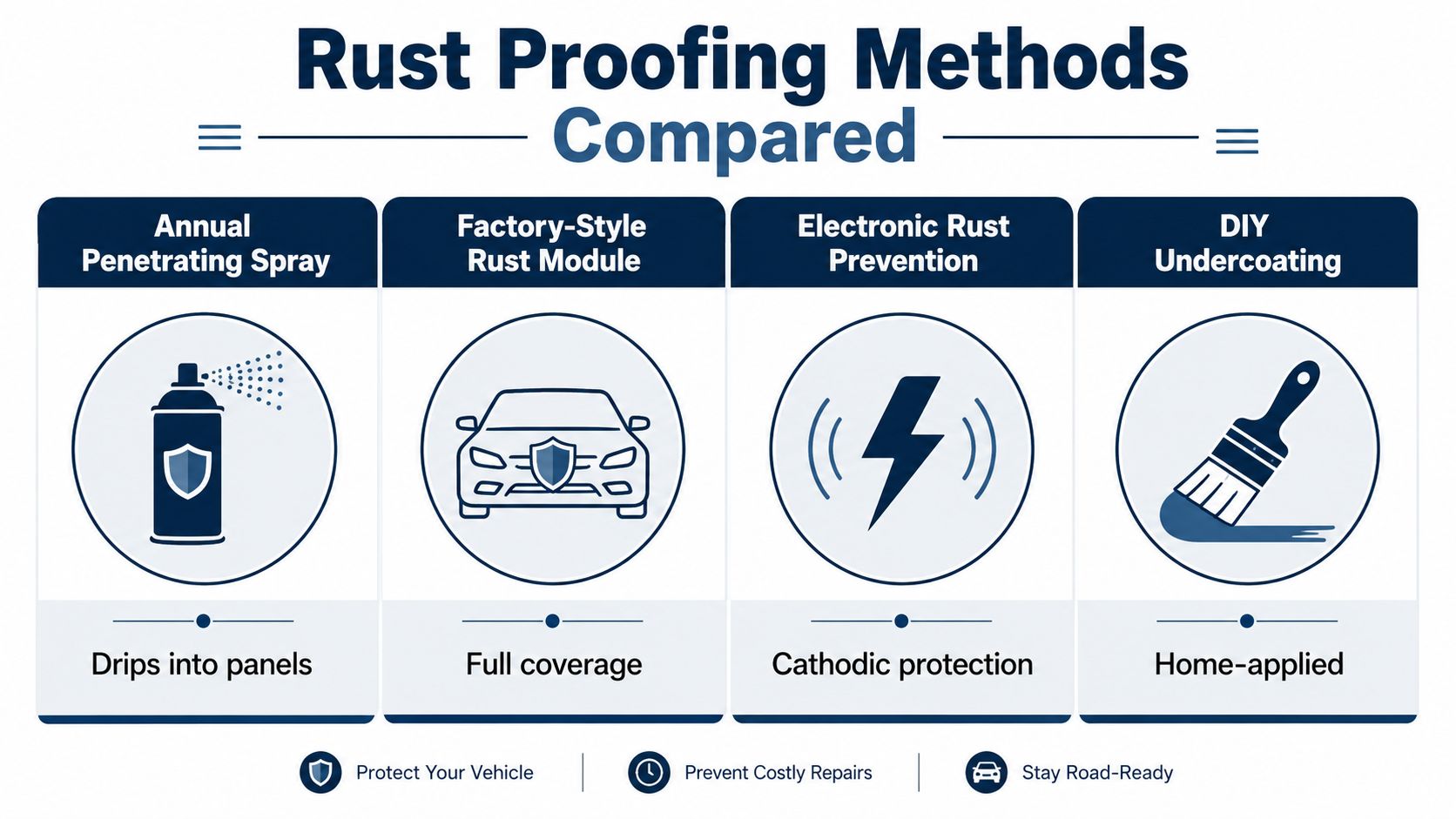 A comparison chart outlining four common vehicle rust proofing methods including sprays, modules, and DIY undercoating.