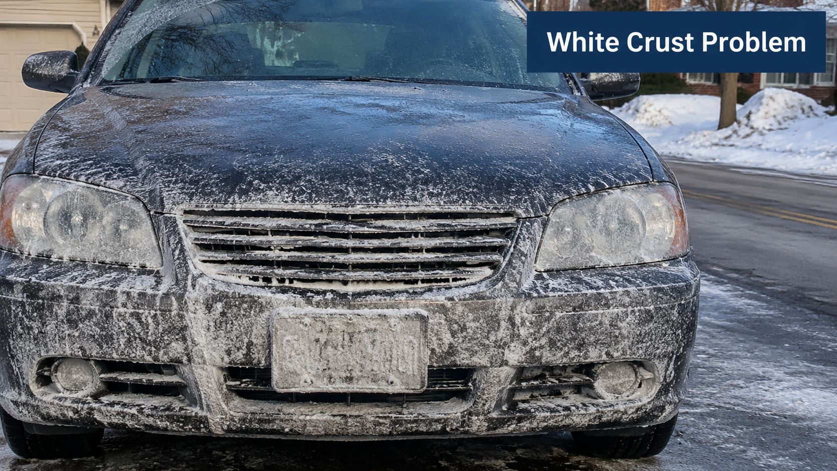 A black car covered in white road salt and grime crust from driving during the winter season.