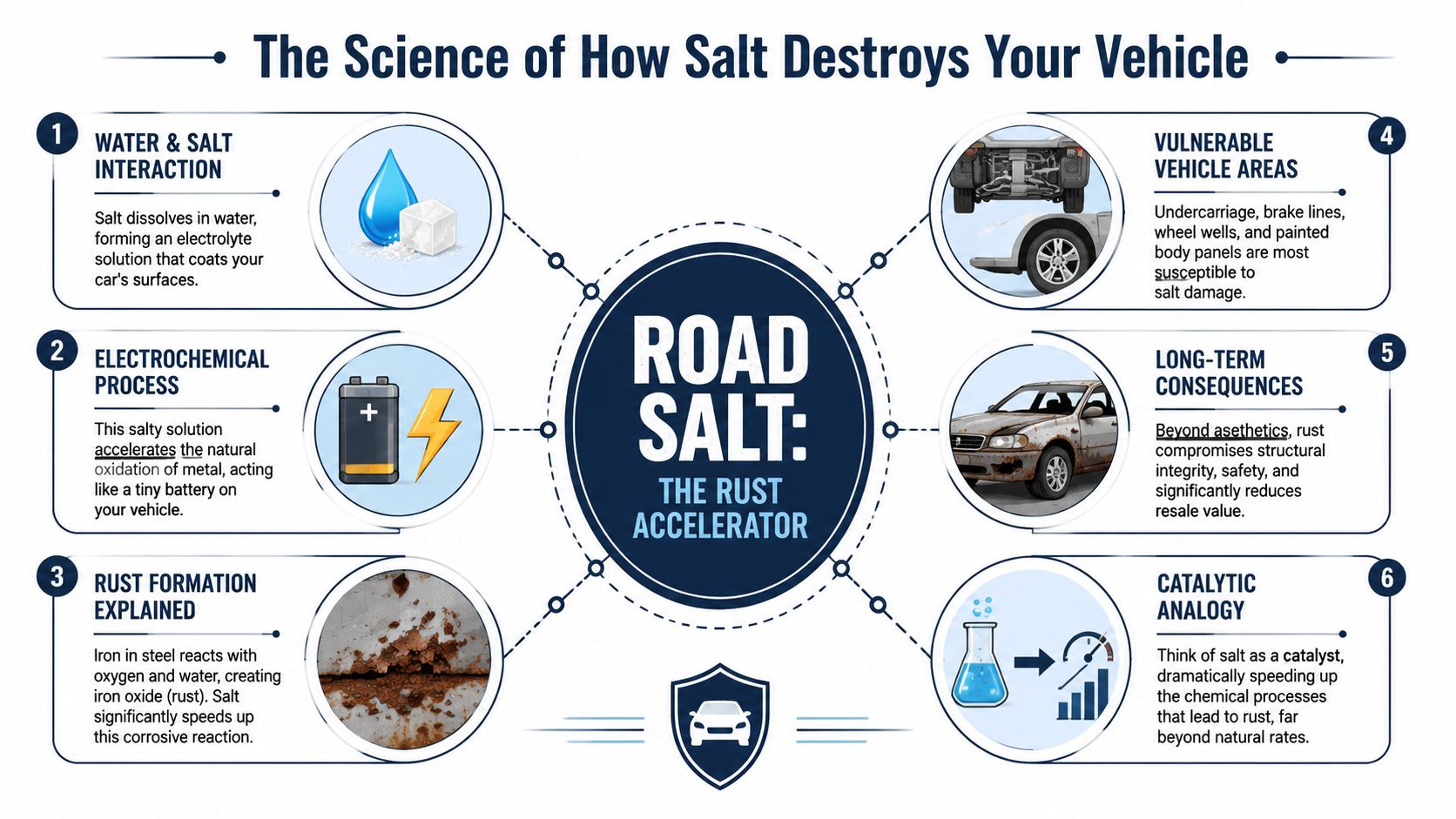 An infographic showing the scientific process of how road salt causes rust and corrosion on vehicles.