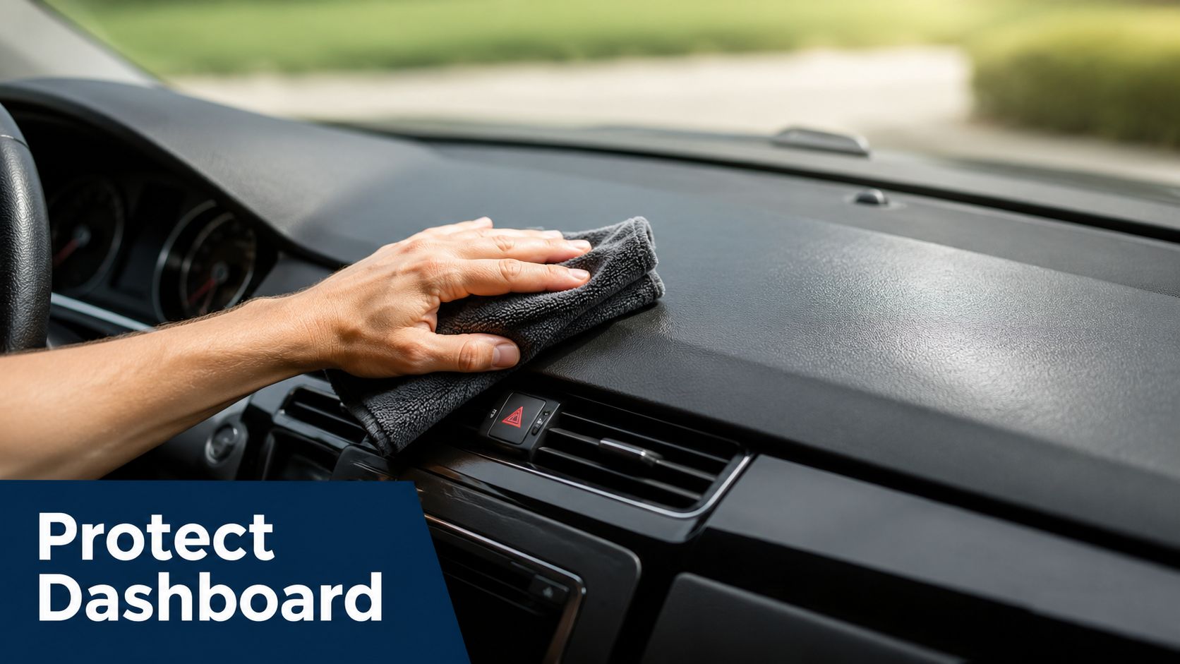 A close-up view of a person wiping a clean car dashboard with a soft grey cloth.