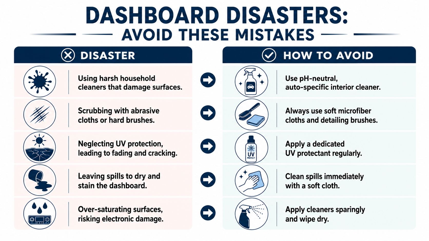 An infographic showing common car dashboard cleaning mistakes versus best practices for car maintenance and care.