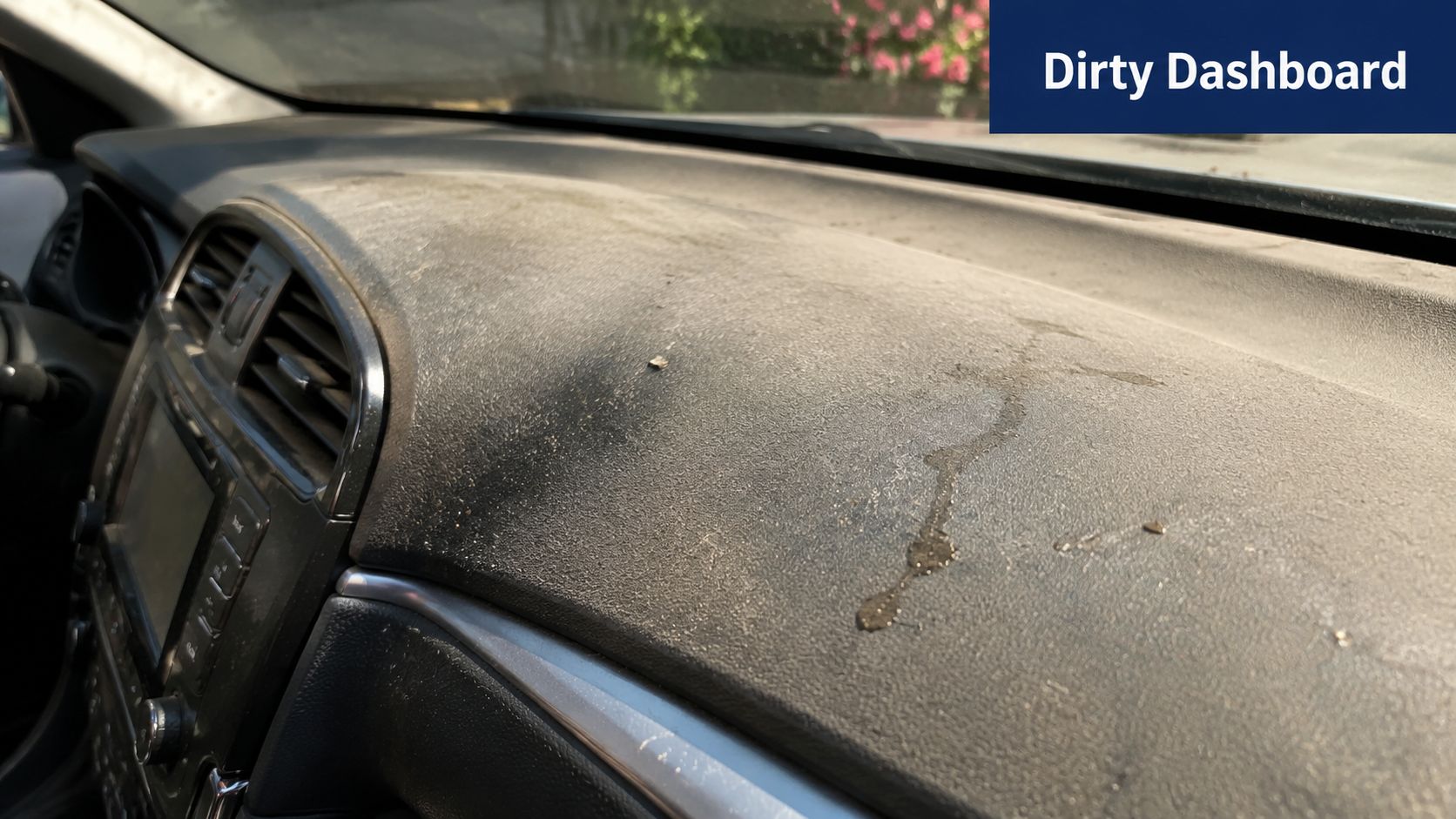 A close-up view of a very dusty car dashboard with liquid stains and debris inside a vehicle.