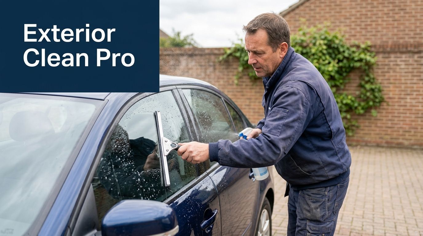 A professional service worker cleaning a blue car window with a squeegee and spray bottle outdoors.