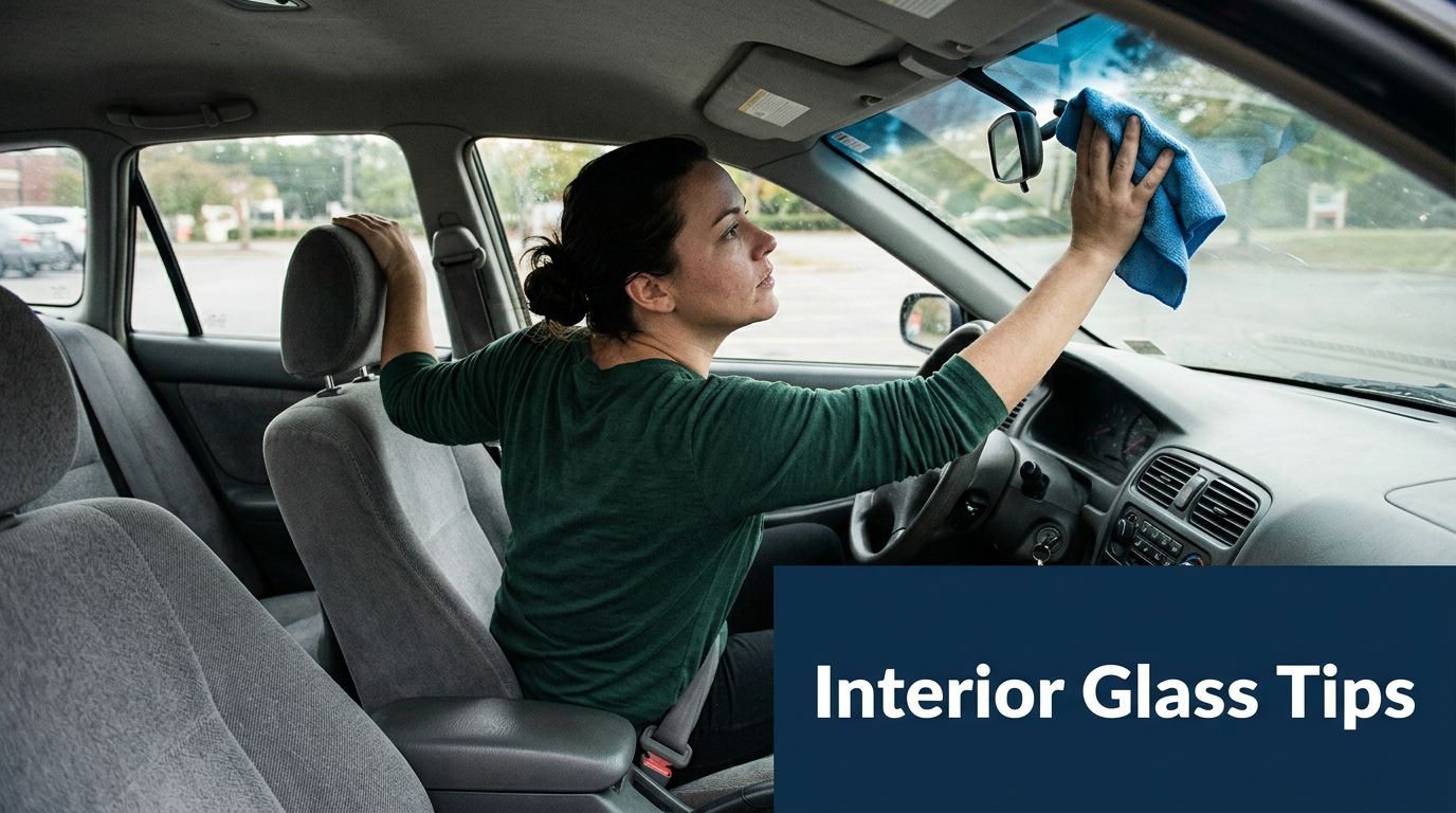 A woman cleaning the interior of her car windshield with a blue microfiber cloth.
