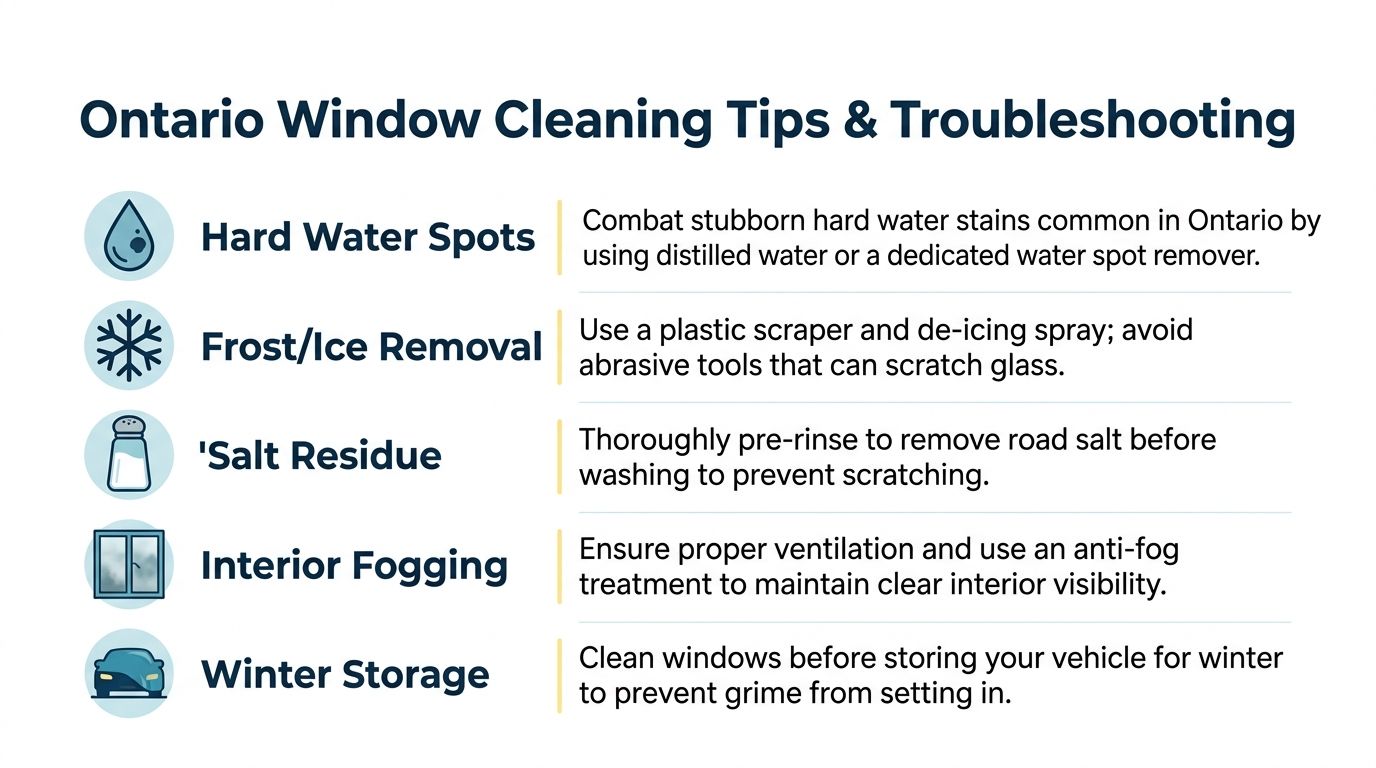 A helpful infographic outlining tips and troubleshooting for cleaning car windows in Ontario's unique winter climate conditions.