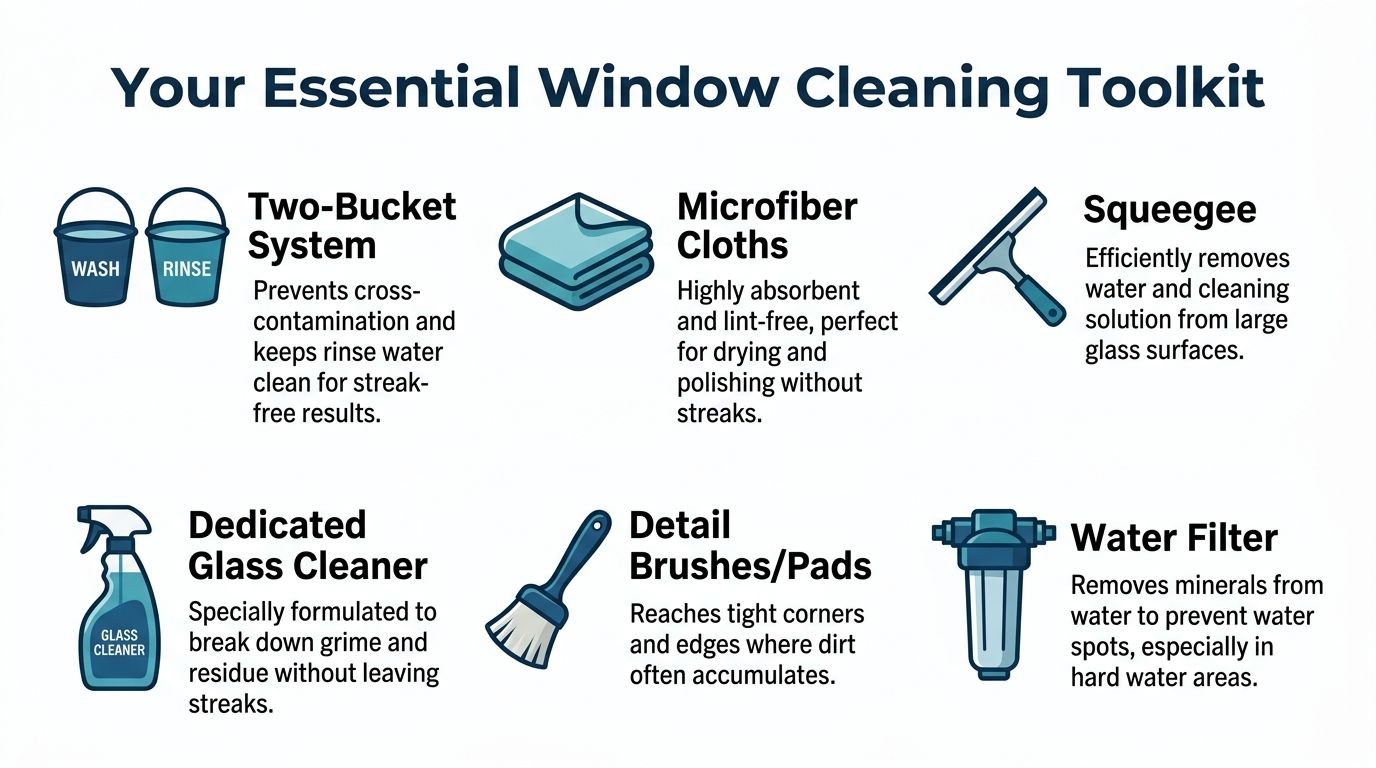 An infographic showing essential tools for cleaning windows, including buckets, cloths, a squeegee, cleaner, brushes, and a filter.