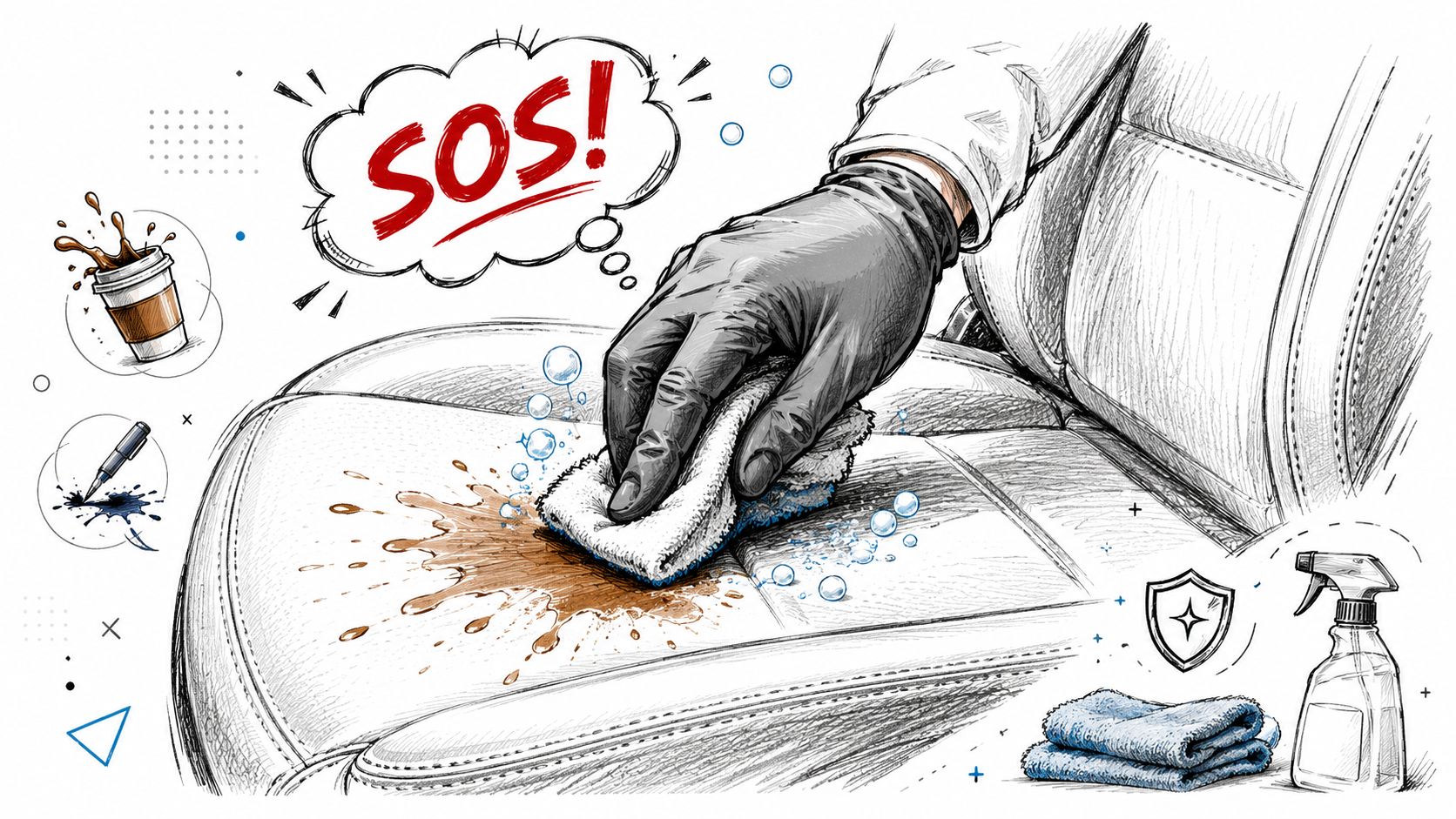 A gloved hand cleaning a coffee spill off a leather car seat using a cloth and cleaner.