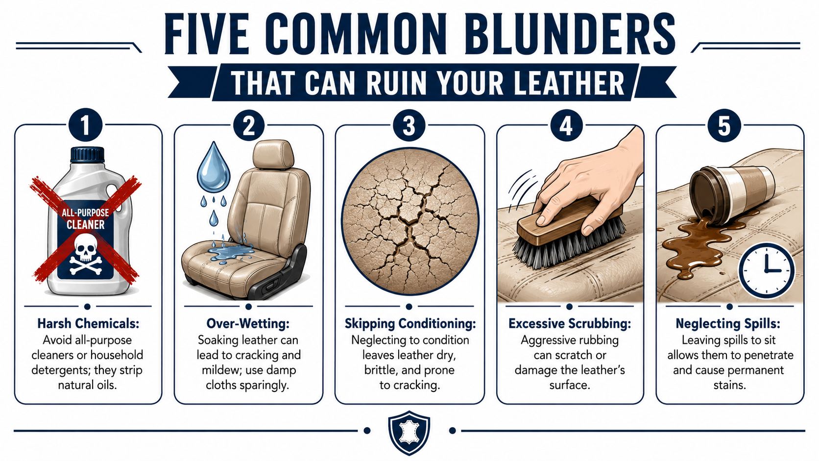 An infographic showing five common mistakes that can damage leather upholstery, including chemical use and spills.