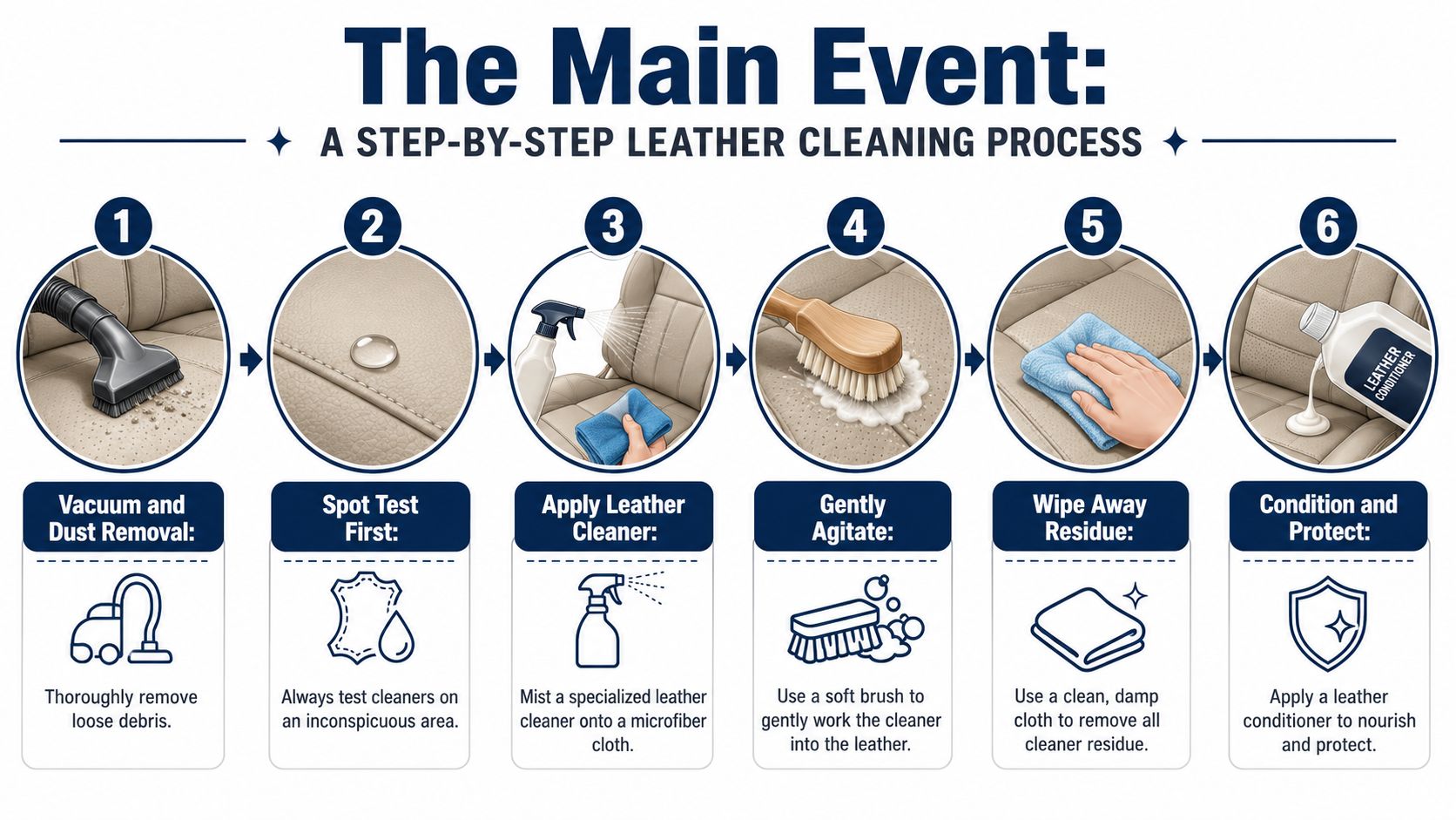 A six-step infographic detailing the process for cleaning and conditioning leather car seats.