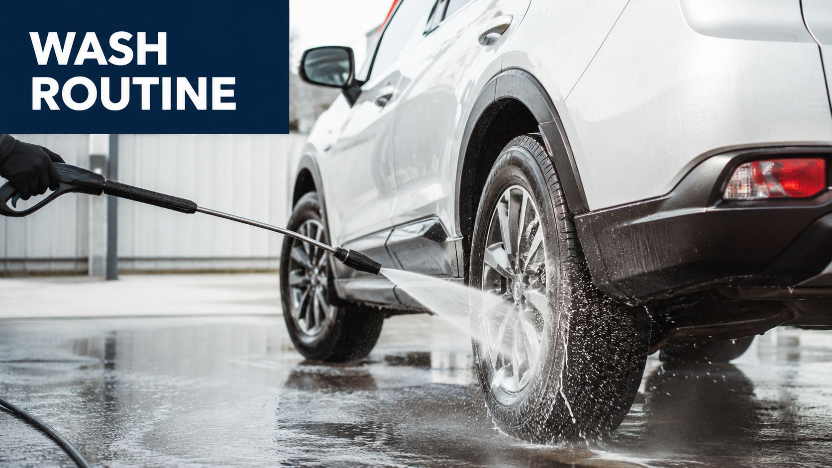 A person using a high-pressure water spray to clean the wheel of a silver SUV vehicle.