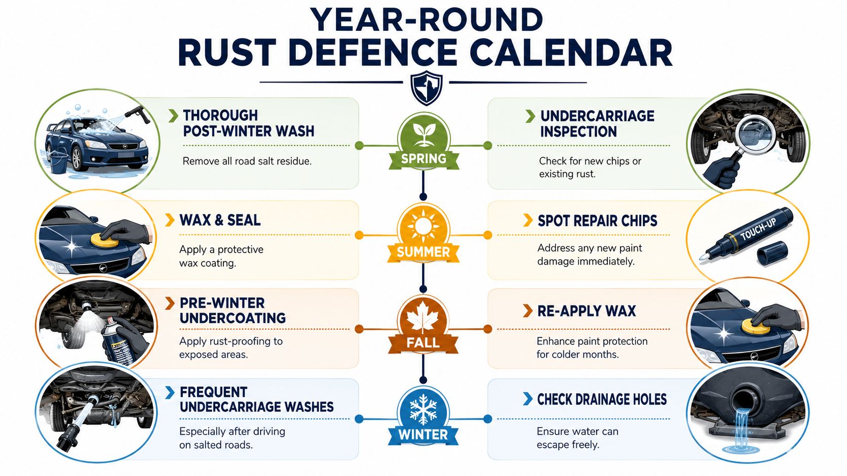 A year-round maintenance calendar providing tips for car owners to prevent rust and protect their vehicle exterior.