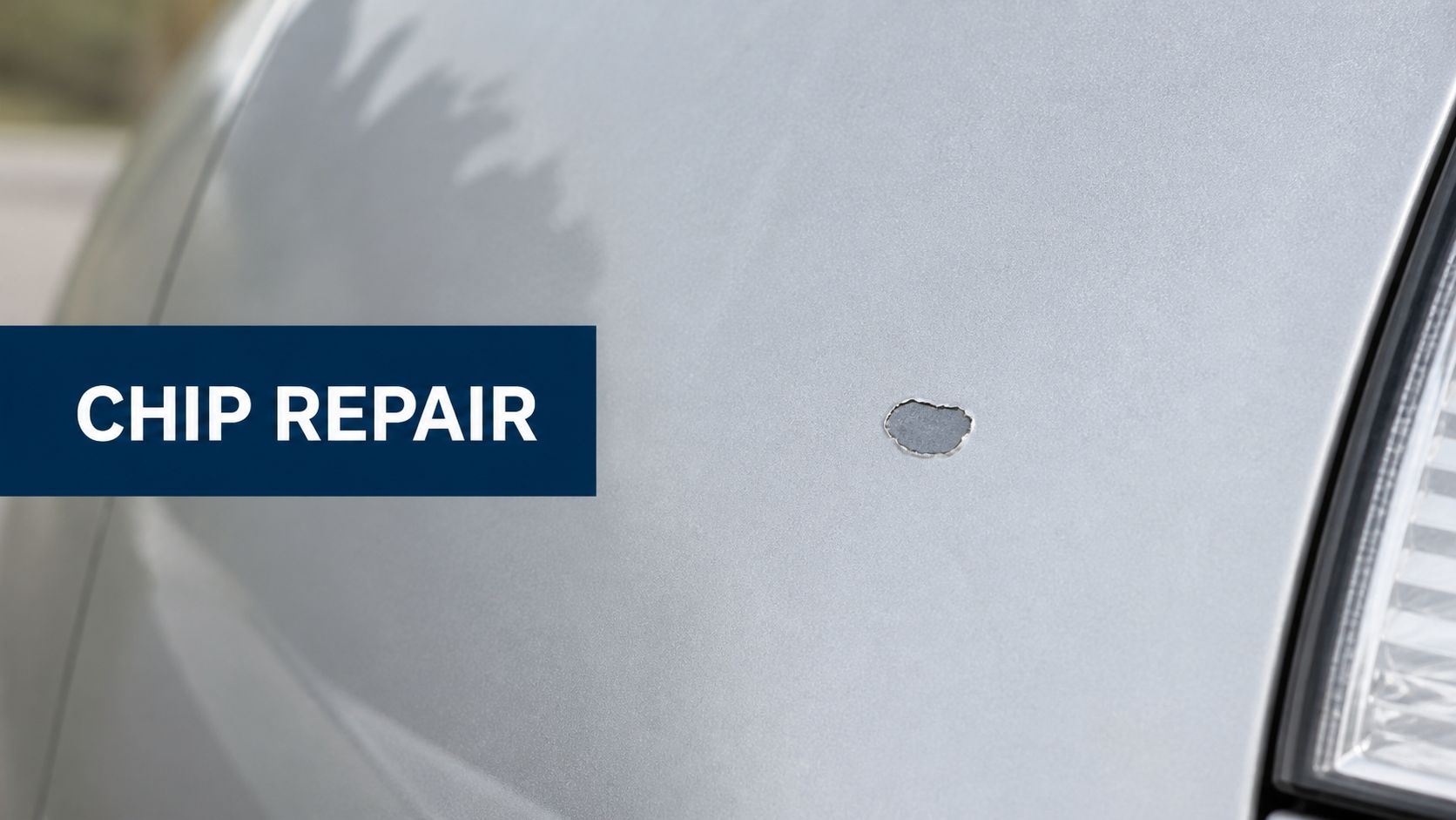 A close-up view of a paint chip on a silver car body panel requiring professional repair.