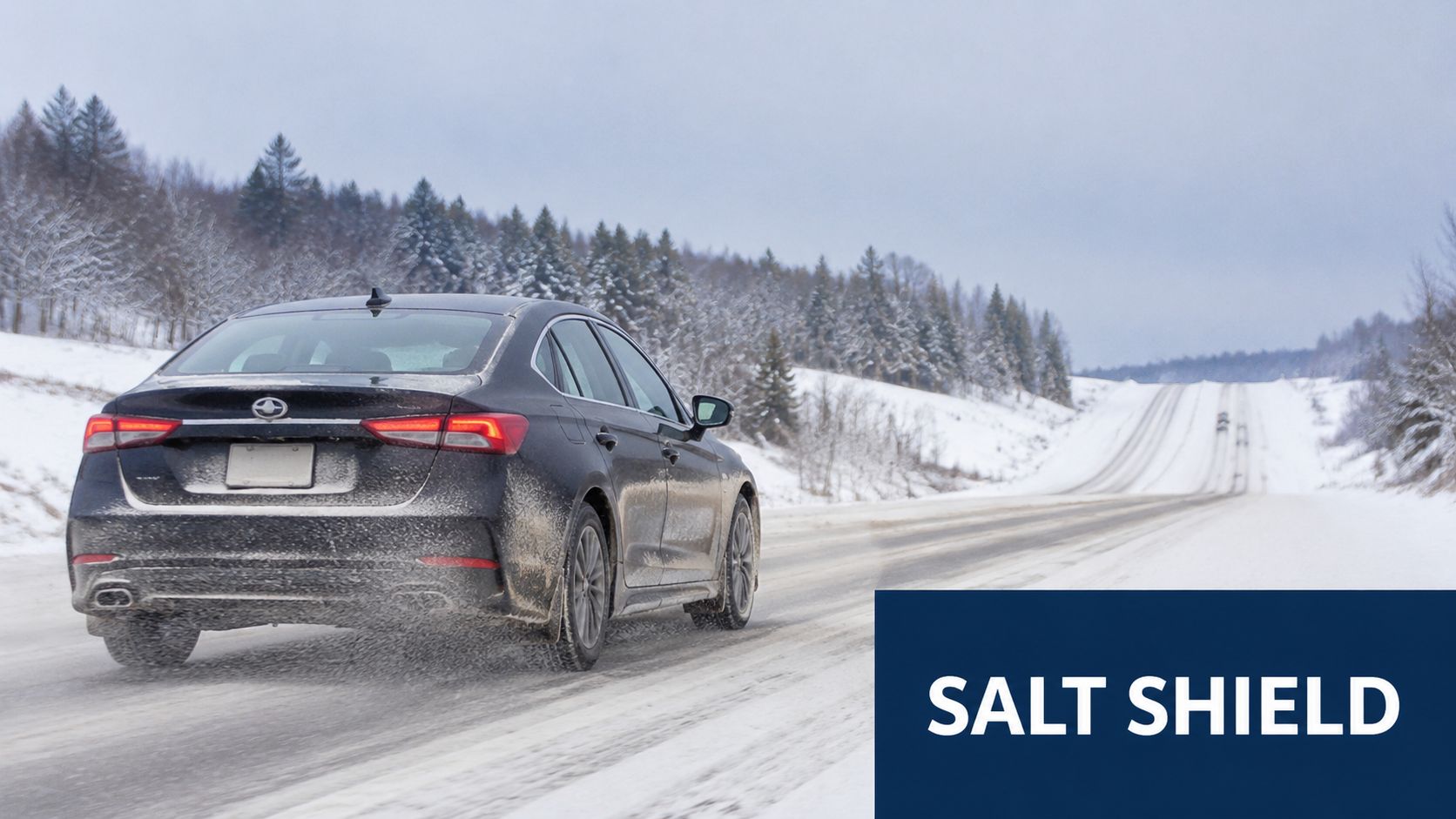 A black sedan driving on a snow-covered highway with a Salt Shield text overlay in the corner.