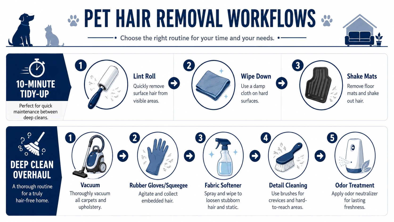 A professional infographic illustrating two methods for removing pet hair from your car interior.