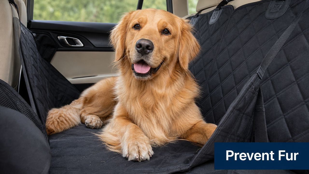 A happy golden retriever sitting on a black protective seat cover in the back of a car.