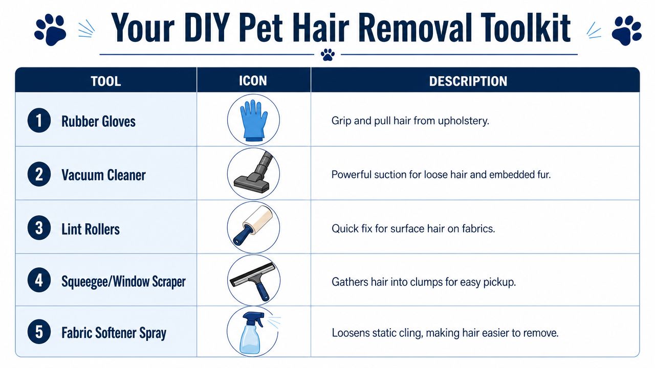 A chart listing five DIY pet hair removal tools including rubber gloves, vacuum, rollers, squeegee, and spray.