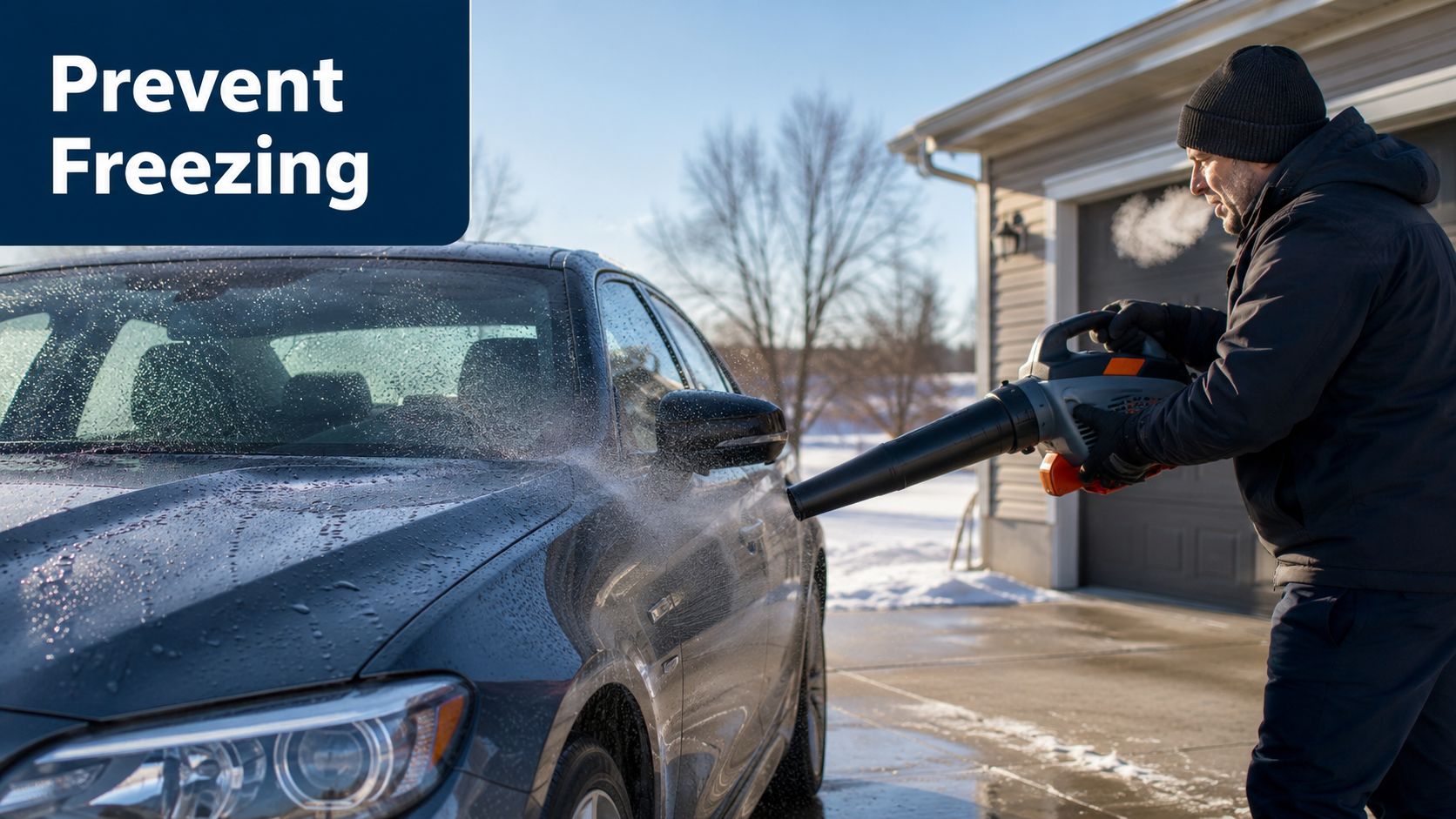 A man wearing winter clothes uses a leaf blower to dry a wet car in cold weather.